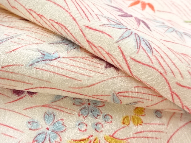  波に草花模様付け下げ小紋着物